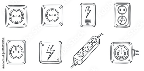 A collection of electrical outlet and plug icons in minimalist black and white vector style, suitable for technology and home design projects