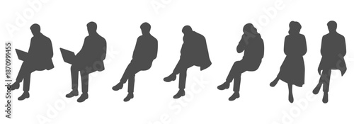 Top view CAD drawing of seated people silhouette with detailed body positioning- arms resting on lap or extended, leaning forward or back, crossed legs, bent elbows, Vector illustration