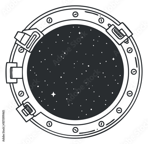 A round space portal with a starry view in black and white outline vector style, ideal for science fiction projects and illustrations