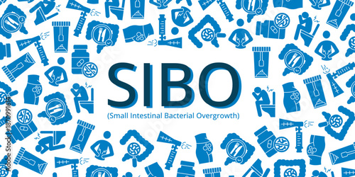 SIBO (Small Intestinal Bacterial Overgrowth) blue background. Includes intestines, gut bacteria, common symptoms, diagnostic breath tests, treatment, and dietary management.
