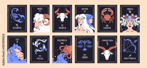 Cards of zodiac signs with avatars of months set. Designs of 12 postcards with symbols of astrology horoscope. Tarot backs templates with aquarius, aries, leo, pisces. Flat vector illustrations
