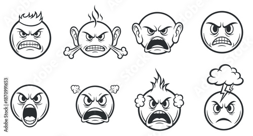 A set of angry face icons featuring various expressions in black and white vector style, perfect for emoticon designs and creative projects