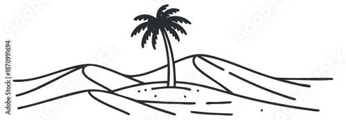A minimal outline illustration of a palm tree on a sandy island surrounded by desert dunes in a clean vector style, ideal for travel and vacation themes