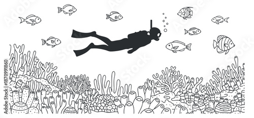 A scuba diver exploring a vibrant coral reef with various fish in black and white outline vector style, suitable for educational materials and marine-themed projects