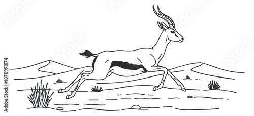 A running antelope in black and white minimalist vector style, ideal for wildlife illustrations and nature-themed designs