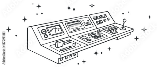 A control panel with buttons and a joystick in minimalist outline vector style, ideal for technology and engineering projects