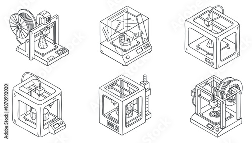 A collection of various 3D printers depicted in clean outline vector style, ideal for technology and innovation projects