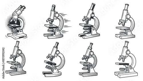 A set of eight different microscope illustrations in black and white outline vector style, suitable for educational and scientific materials
