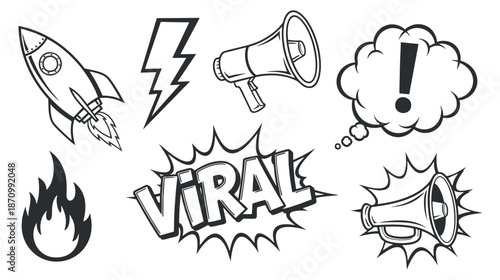A collection of dynamic icons including a rocket, lightning bolt, megaphone, speech bubble, and fire in black and white vector style, ideal for marketing and social media designs