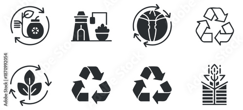 A collection of recycling and sustainability icons in clean black and white vector style, ideal for environmental awareness and eco-friendly projects