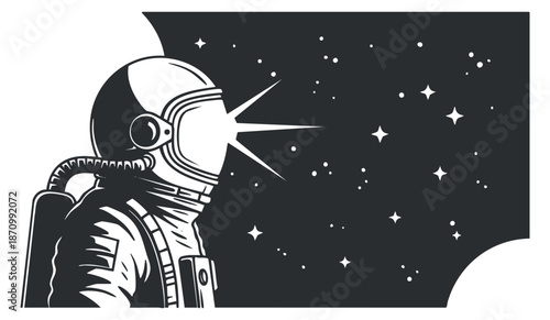An astronaut gazing at a starry sky in a black and white vintage vector style, ideal for space exploration themes