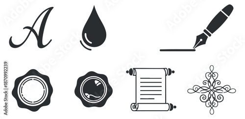 A collection of artistic icons including a letter A, ink drop, scroll, and fountain pen in minimalist black and white vector style, perfect for creative projects and stationery design