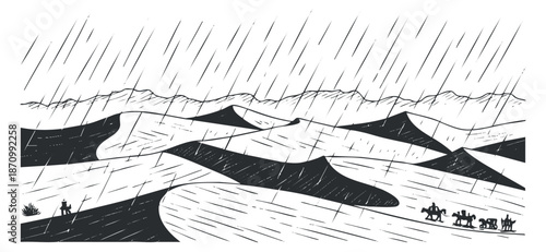 A monochrome illustration of a desert landscape with rain falling over sand dunes and distant mountains in minimalist vector style, suitable for nature-themed projects