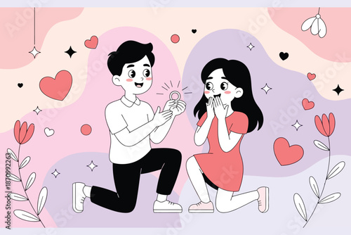 Valentine Stylized Modern Illustration of a Romantic Marriage Proposal with Hearts and Abstract Shapes