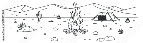 A camping scene featuring a campfire, tent, and desert landscape in minimalist black and white vector style, perfect for outdoor adventure designs