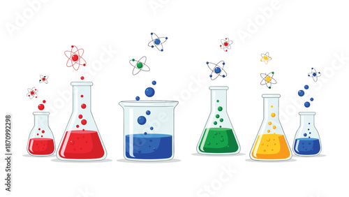 Various laboratory beakers and flasks filled with colorful bubbling liquids, surrounded by floating atom models, symbolizing scientific experiments and chemical reactions.