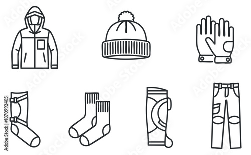 A collection of winter clothing icons including a jacket, socks, hat, gloves, and pants in minimalist line art vector style, suitable for fashion and apparel design