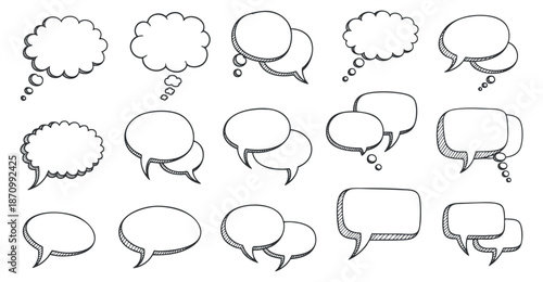 A set of various speech bubbles in black and white outline vector style, suitable for communication and design projects