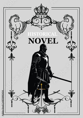 047-10-Medieval knight in full plate armor holding a sword with ornate frame for historical novel