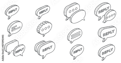 A collection of speech and reply bubbles in outline vector style, ideal for communication design and digital interfaces