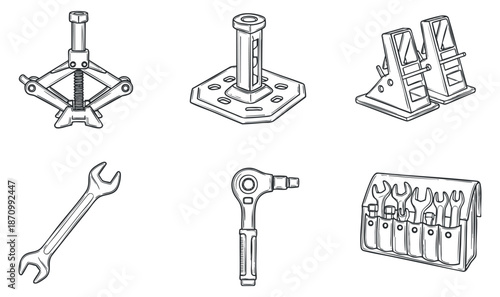 A collection of mechanic tools including a jack, wrench, and toolbox in black and white outline vector style, suitable for automotive or repair-themed designs