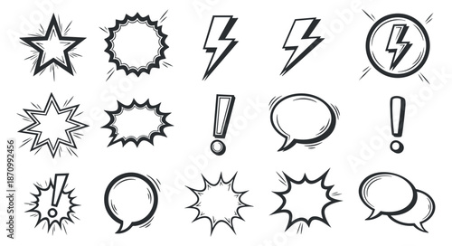 A collection of comic-style burst, lightning, and speech icons in black and white outline vector style, perfect for graphic design and communication projects