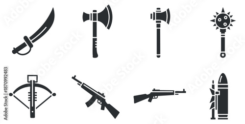 A collection of various weapons including a sword, axe, crossbow, and guns in black silhouette vector style, suitable for gaming and military design