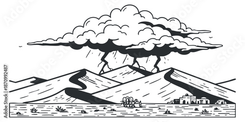 A stormy landscape featuring mountains and clouds with lightning in black and white outline vector style, perfect for outdoor-themed projects