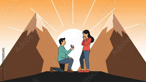 Man Proposing to Woman on Mountain Top during Sunset