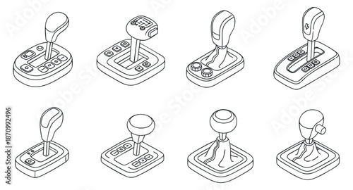 A collection of various gear shift designs in clean outline vector style, suitable for automotive illustrations and technical projects