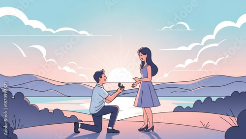 Man Proposing to Woman on Cliffside during Sunset