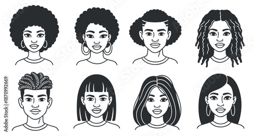 A collection of diverse female head illustrations showcasing various hairstyles in black and white vector style, ideal for representation and empowerment projects