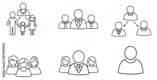 A collection of family and business icons in outline minimalist vector style, suitable for social and corporate projects