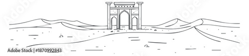 An outline illustration of a desert landscape featuring an ancient arch monument in minimalist vector style, suitable for travel and exploration themes