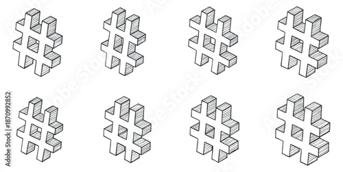 A collection of 3D hashtag symbols in outline vector style, ideal for social media marketing and digital communication