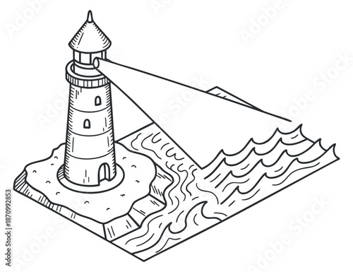 A lighthouse on a rocky shore with waves crashing in an outline sketch style, perfect for nautical-themed designs