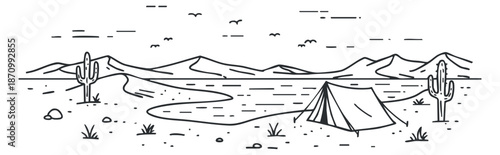 A minimalist line art illustration of a desert camping scene featuring a tent, cacti, and mountains in the background, ideal for travel and outdoor-themed projects