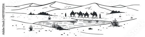 A group of camels traveling through a vast desert landscape with mountains and an oasis in minimalist black and white vector style, perfect for adventure-themed designs