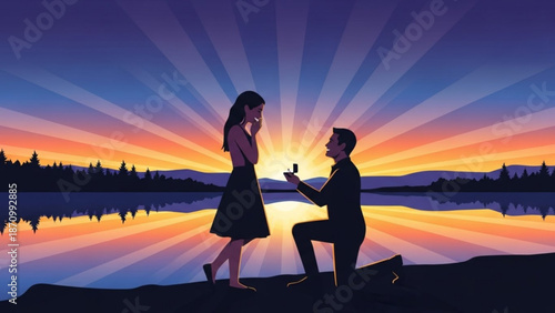 Man Proposing to Woman on One Knee at Sunset by the Lake
