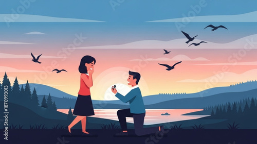 Man Proposing to Woman at Sunset by the Lake, Birds Flying, Romantic Moment