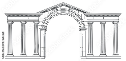 A classic architectural archway with columns and detailed design in black and white outline vector style, suitable for educational and historical projects