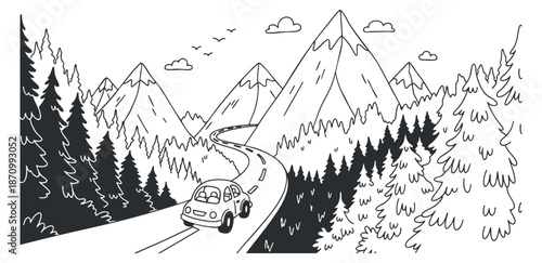 A cartoon-style car driving along a winding road through mountains and forests in black and white minimalist vector style, ideal for travel-themed designs