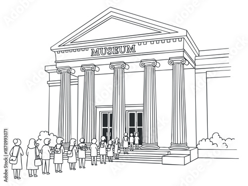 A line drawing of a museum building with a crowd of people waiting at the entrance in a minimalist vector style, suitable for educational and cultural projects