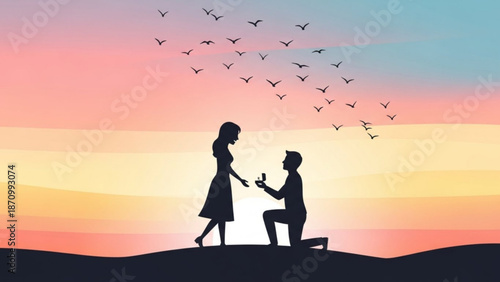 Man Proposing to Woman on Hill during Sunset with Flying Birds