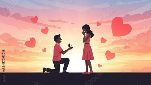 Man Proposing to Woman with Ring on One Knee during Sunset with Hearts
