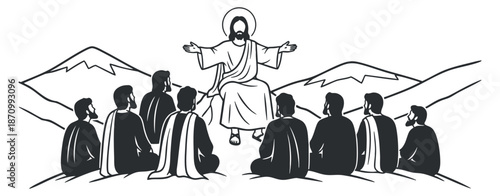 A depiction of Jesus teaching his disciples on a mountainside in black and white outline vector style, ideal for religious illustrations