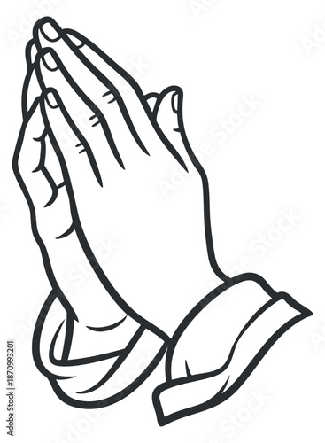 A pair of praying hands in minimalist black and white outline vector style, suitable for religious and spiritual designs © vadymstock