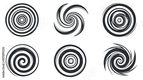 A collection of six spiral and swirl designs in black and white vector style, perfect for creative and abstract projects