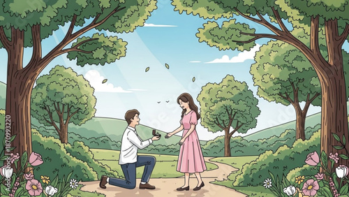Man Proposing to Woman in a Serene Cartoon Park Scene with Trees and Flowers