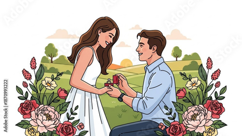Man Proposing to Woman with Ring in Countryside during Sunset